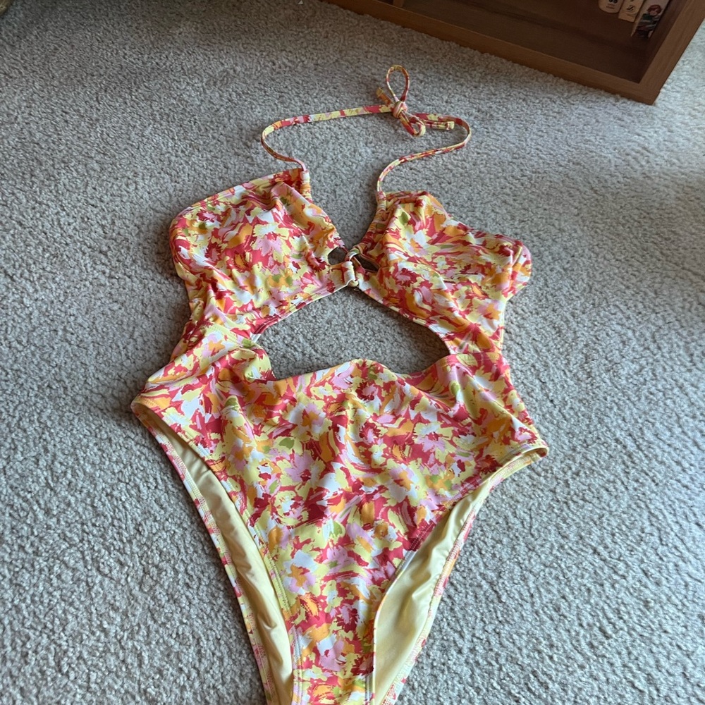 Cupshe Floral One Piece Swimsuit - Pink and Yellow with Cut out